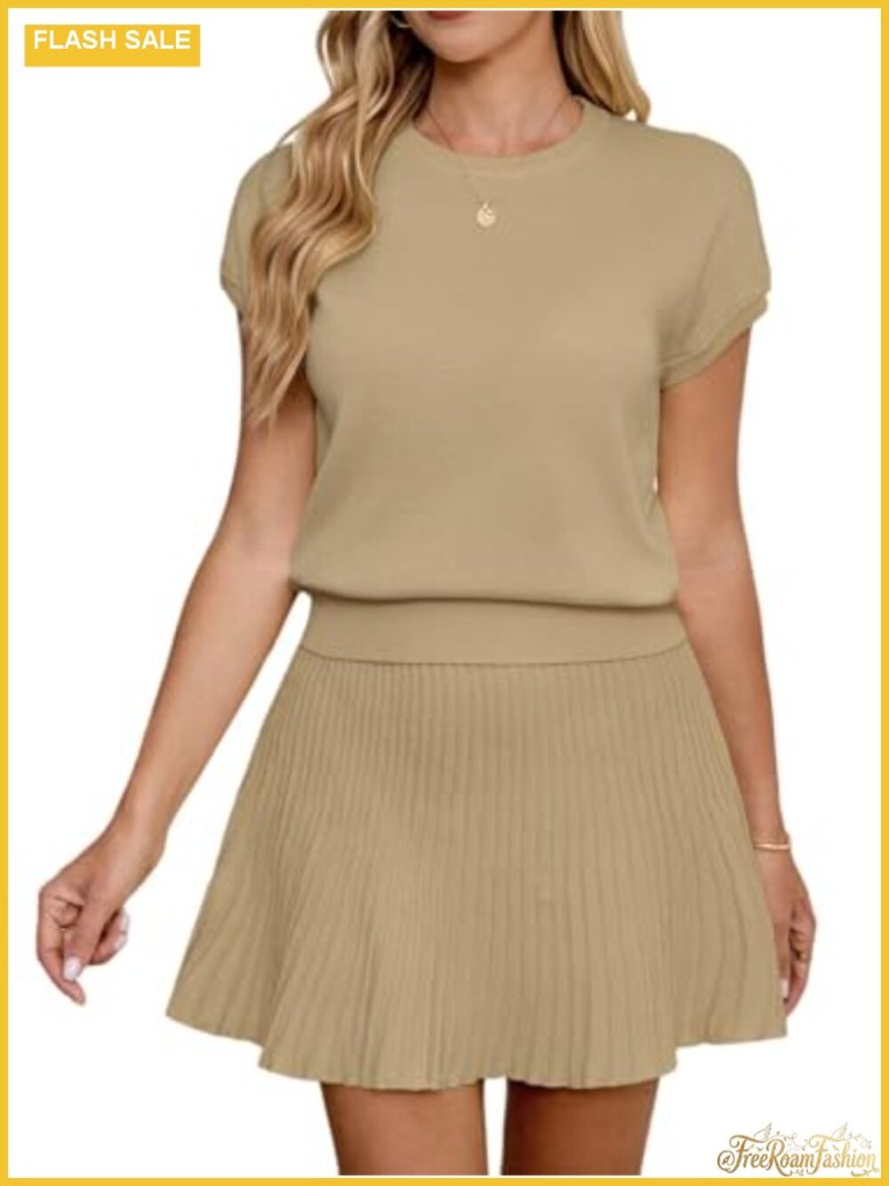 Women's 2 Piece Knit Top and Pleated Mini Skirt Set Short Sleeve